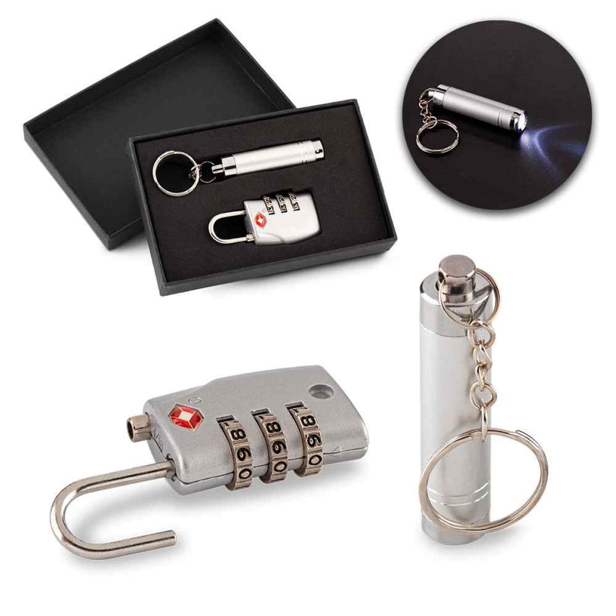 Set Travel Lock con Candado Metálico y Linterna LED